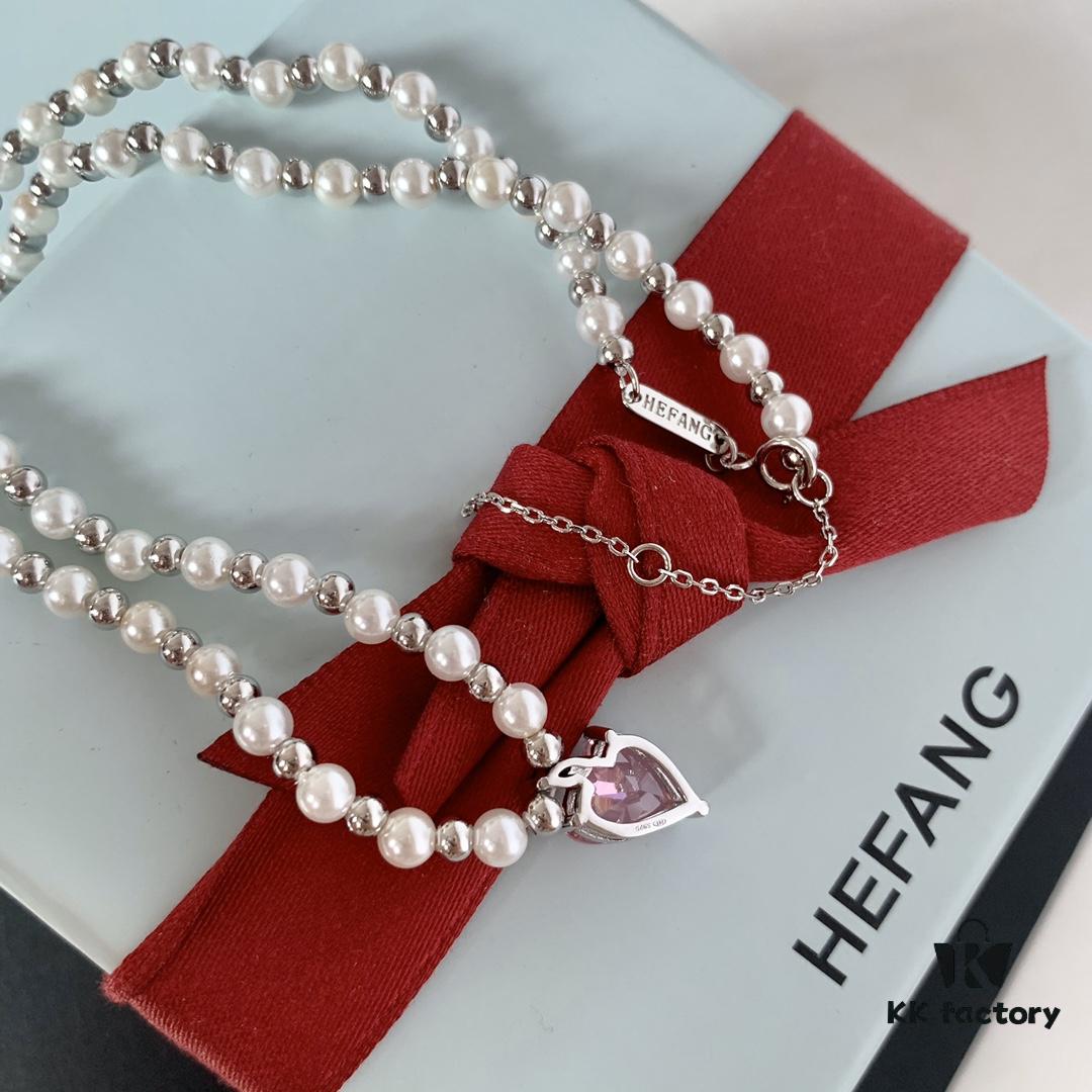 HEFANG Jewelry Peach Juice Ice Short Necklace, 925 Sterling Silver Love Pendant Collar Chain, Xiaomi Beads Necklace, Same Style as Shen Mengchen