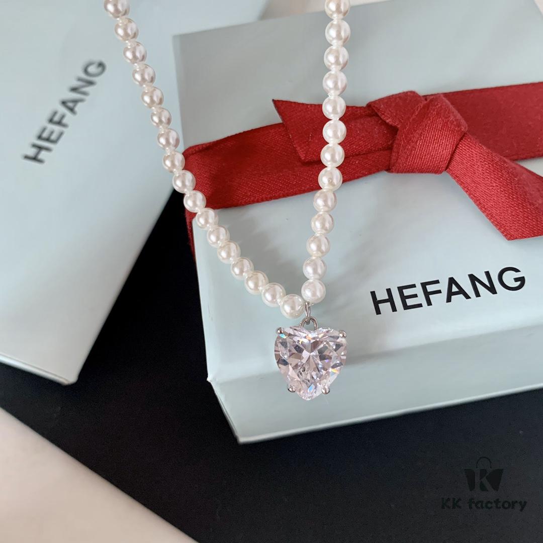 HEFANG Jewelry Crystal Heart Necklace, 925 Sterling Silver Adjustable Pendant Chain, Shenyao Mengchen's Style Dainty Collar with Tiny Beads, Two Colors Available