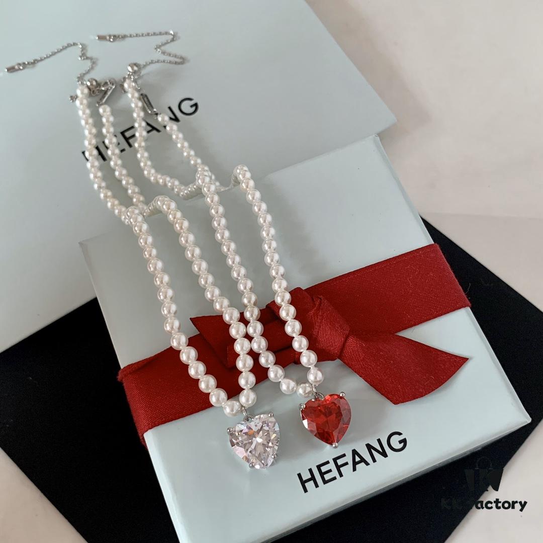 HEFANG Jewelry Crystal Heart Necklace, 925 Sterling Silver Adjustable Pendant Chain, Shenyao Mengchen's Style Dainty Collar with Tiny Beads, Two Colors Available