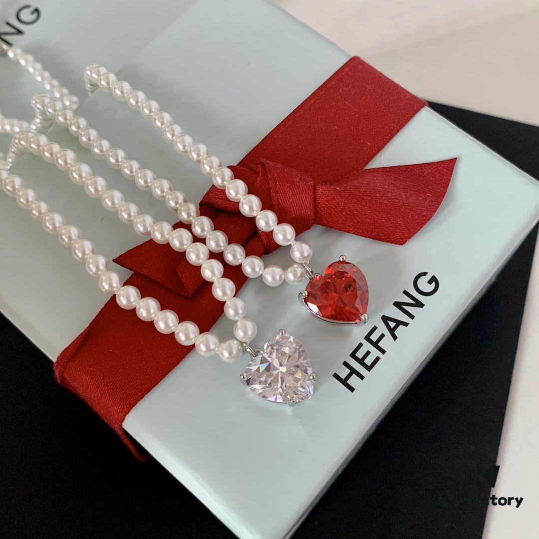 HEFANG Jewelry Crystal Heart Necklace, 925 Sterling Silver Adjustable Pendant Chain, Shenyao Mengchen's Style Dainty Collar with Tiny Beads, Two Colors Available