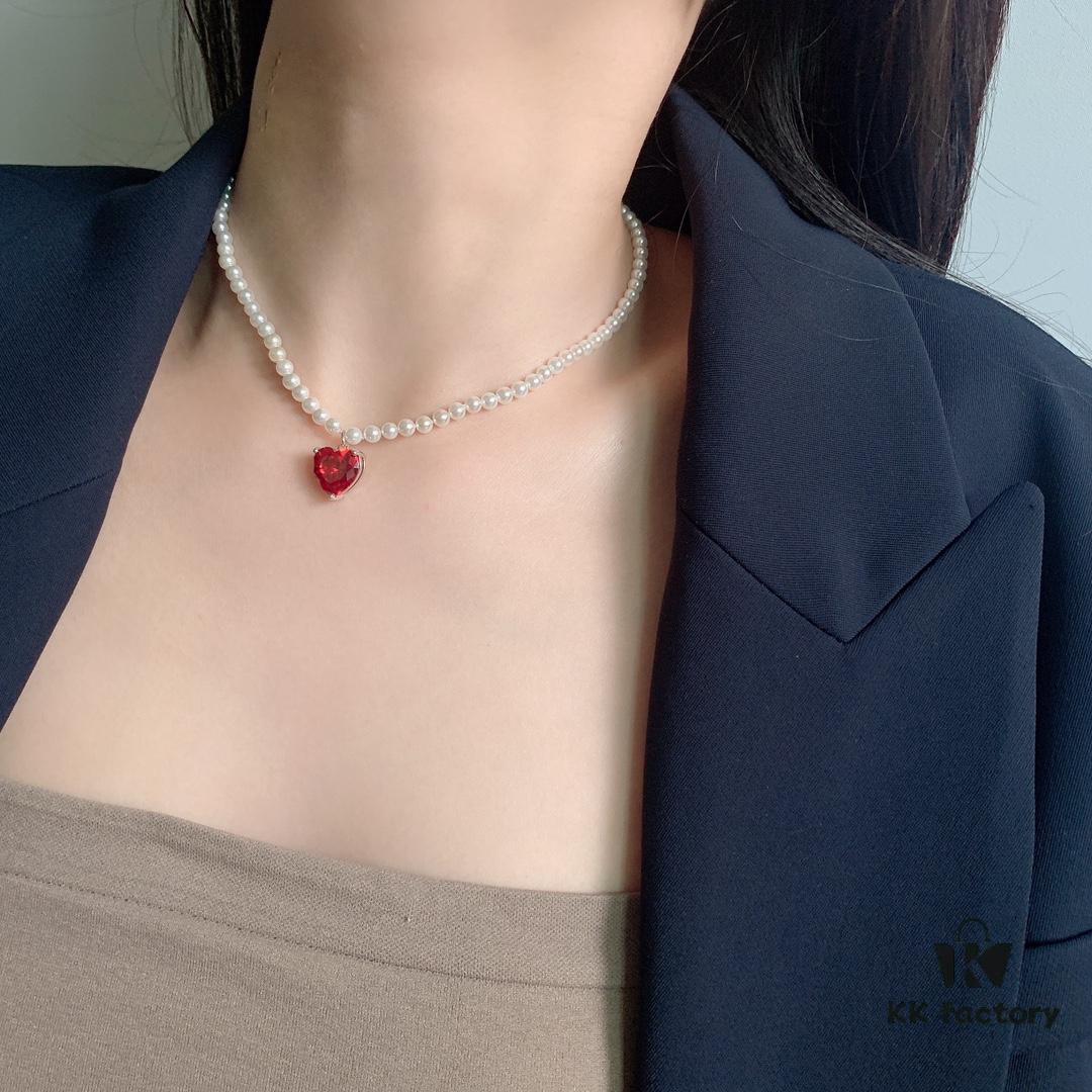 HEFANG Jewelry Crystal Heart Necklace, 925 Sterling Silver Adjustable Pendant Chain, Shenyao Mengchen's Style Dainty Collar with Tiny Beads, Two Colors Available