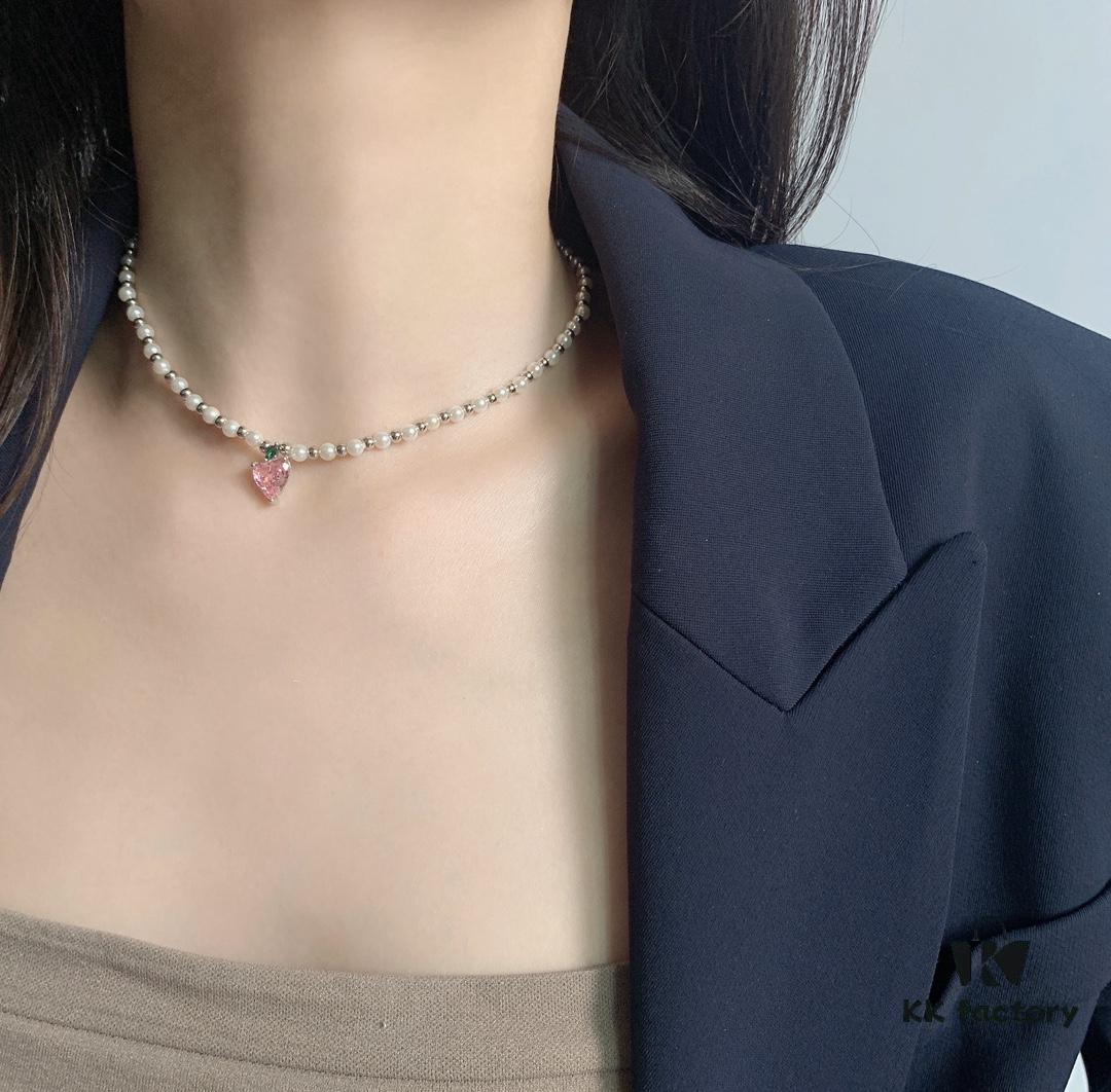 HEFANG Jewelry Peach Juice Ice Short Necklace, 925 Sterling Silver Love Pendant Collar Chain, Xiaomi Beads Necklace, Same Style as Shen Mengchen