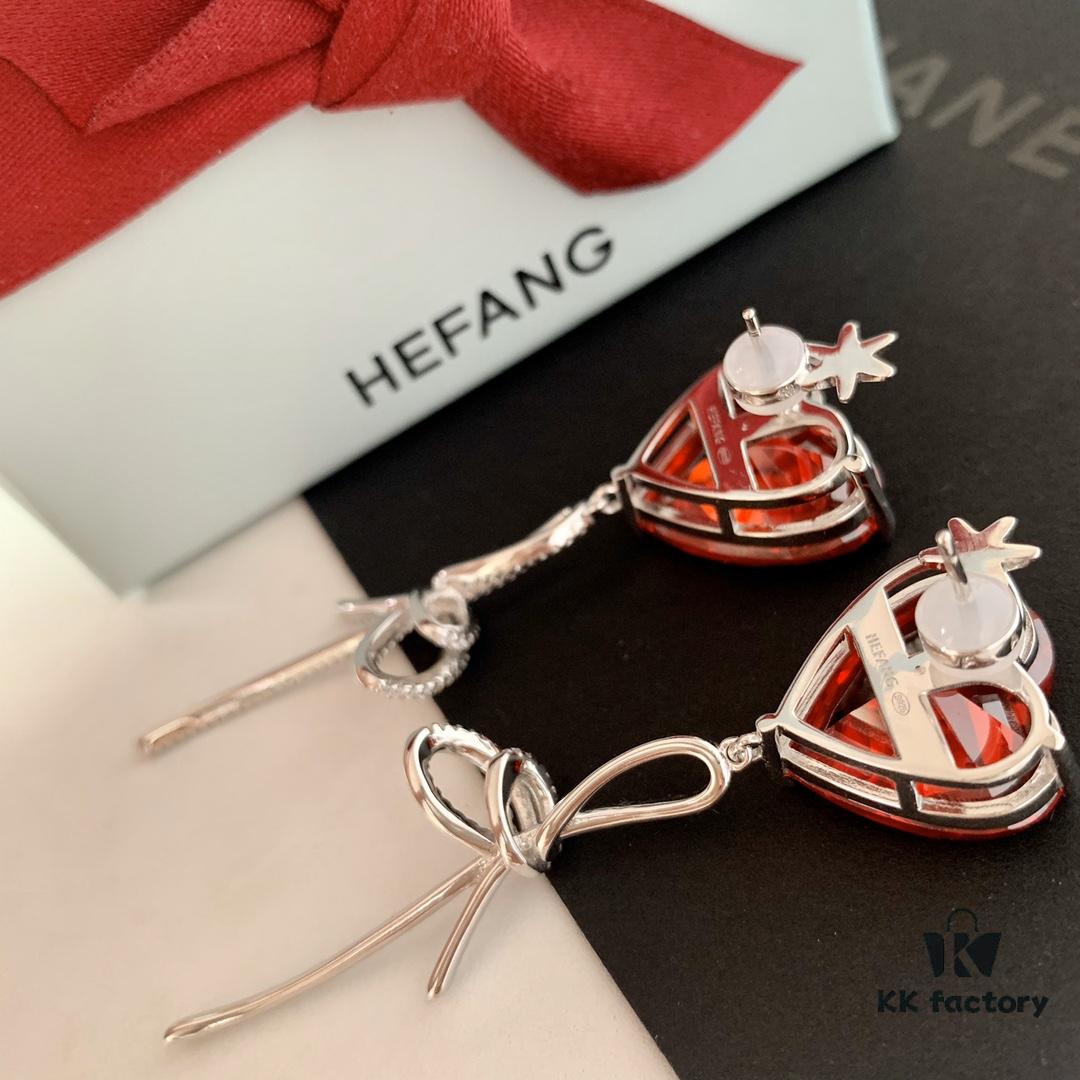 HEFANG Jewelry Red Heart Ribbon Earrings, High-Grade Silver with Logo