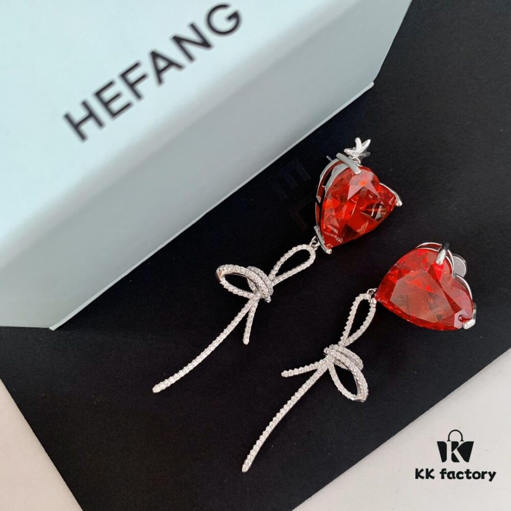 HEFANG Jewelry Red Heart Ribbon Earrings, High-Grade Silver with Logo