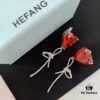 HEFANG Jewelry Red Heart Ribbon Earrings, High-Grade Silver with Logo