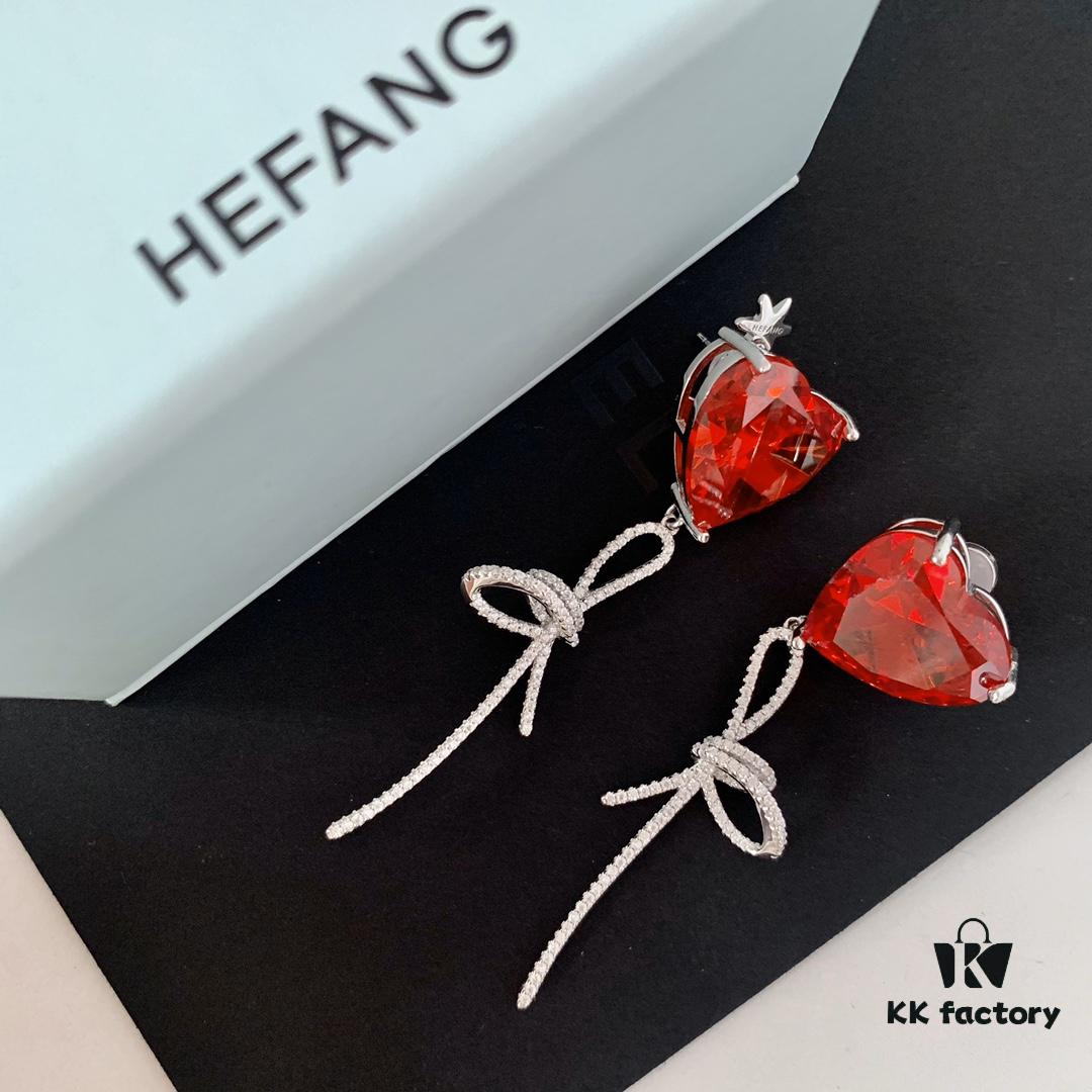 HEFANG Jewelry Red Heart Ribbon Earrings, High-Grade Silver with Logo