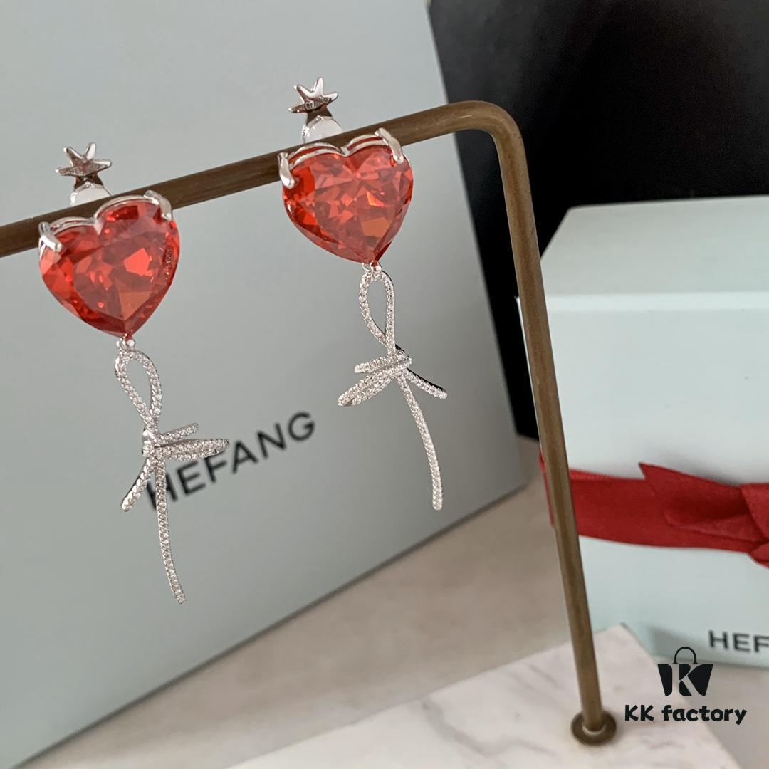 HEFANG Jewelry Red Heart Ribbon Earrings, High-Grade Silver with Logo