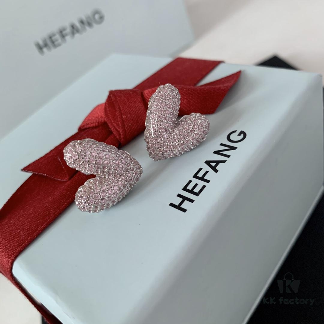 HEFANG Jewelry - Love Balloon Pink Heart Full Diamond Stud Earrings, High-Grade Sterling Silver with Logo