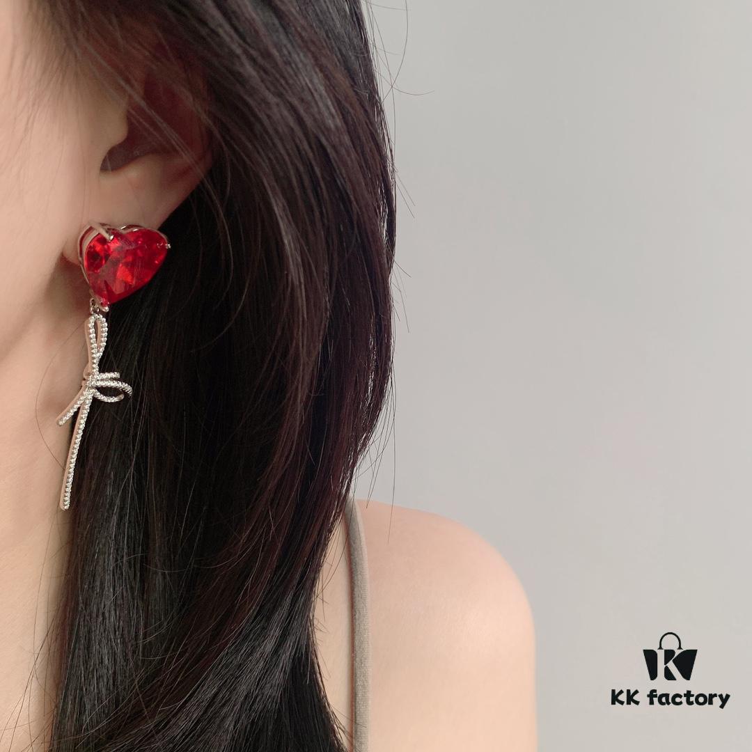HEFANG Jewelry Red Heart Ribbon Earrings, High-Grade Silver with Logo