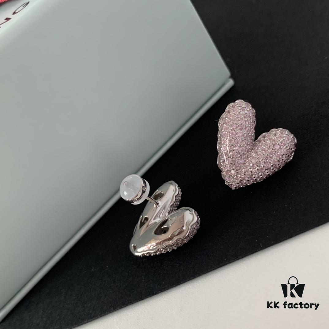 HEFANG Jewelry - Love Balloon Pink Heart Full Diamond Stud Earrings, High-Grade Sterling Silver with Logo