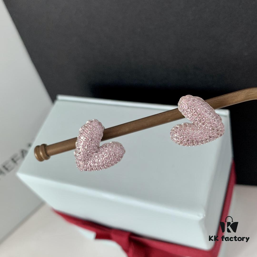 HEFANG Jewelry - Love Balloon Pink Heart Full Diamond Stud Earrings, High-Grade Sterling Silver with Logo