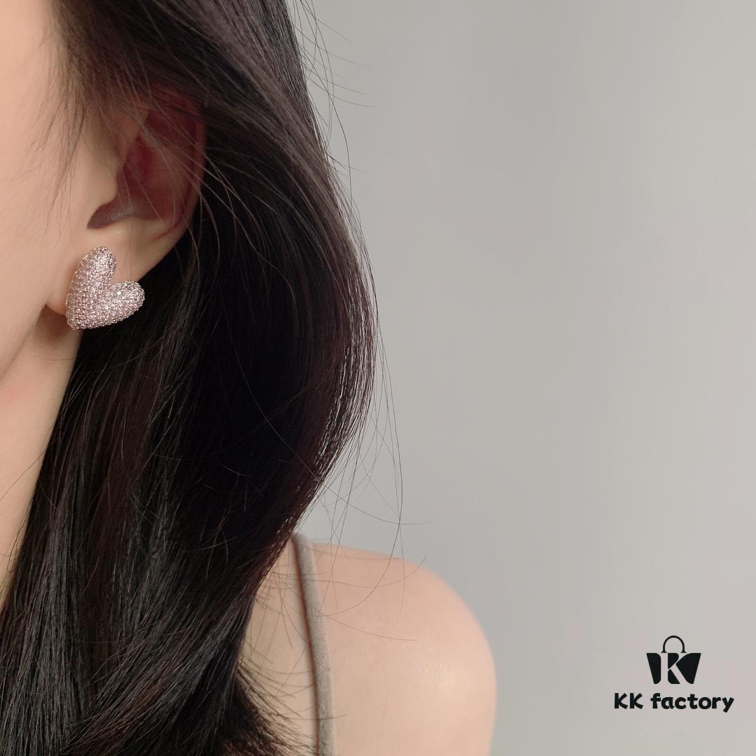 HEFANG Jewelry - Love Balloon Pink Heart Full Diamond Stud Earrings, High-Grade Sterling Silver with Logo