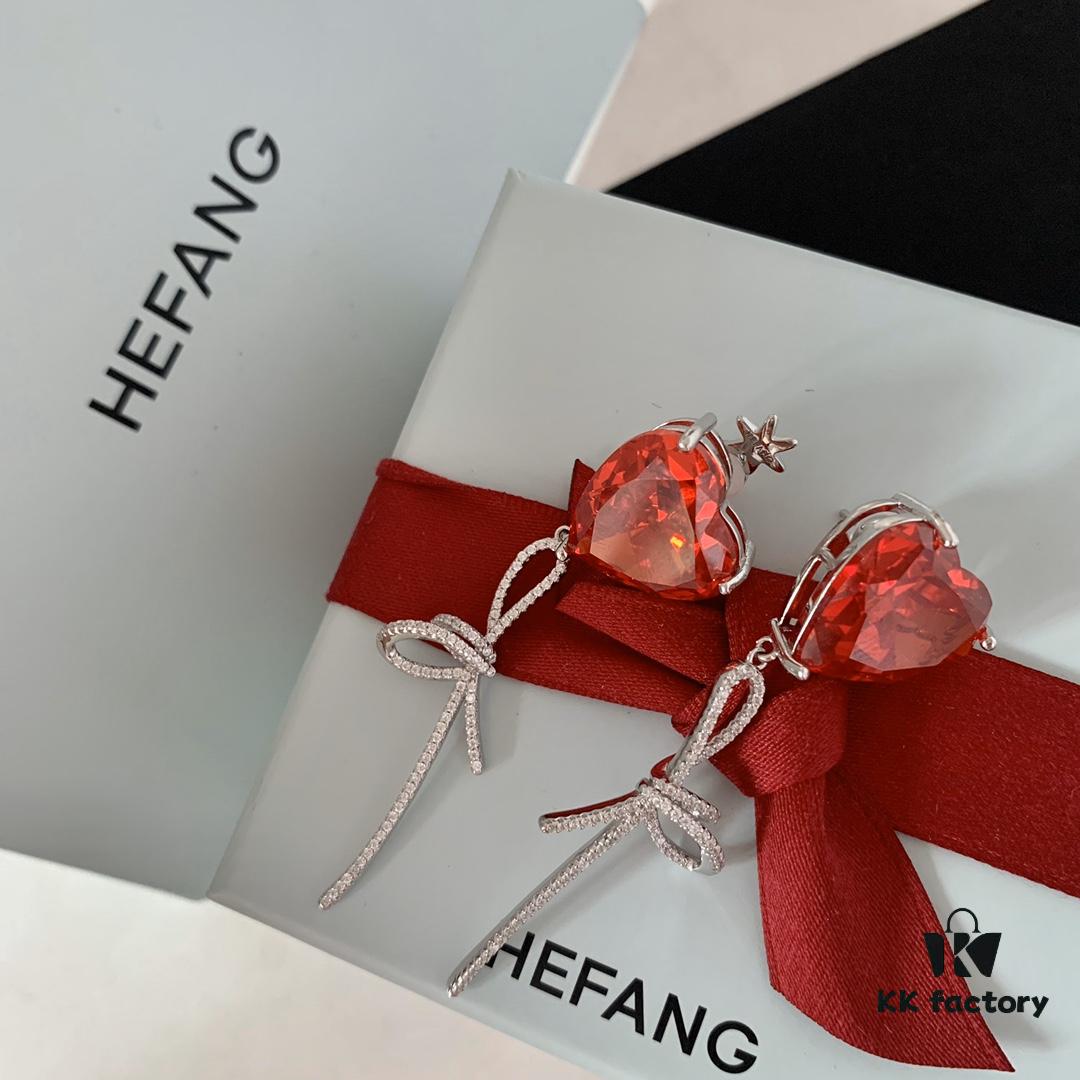 HEFANG Jewelry Red Heart Ribbon Earrings, High-Grade Silver with Logo