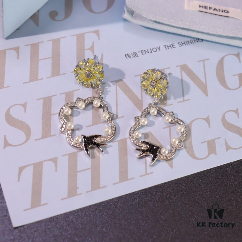 Hexagon New Arrival Garden Series Flower Basket Swallow Earrings, Honey Iris Studs