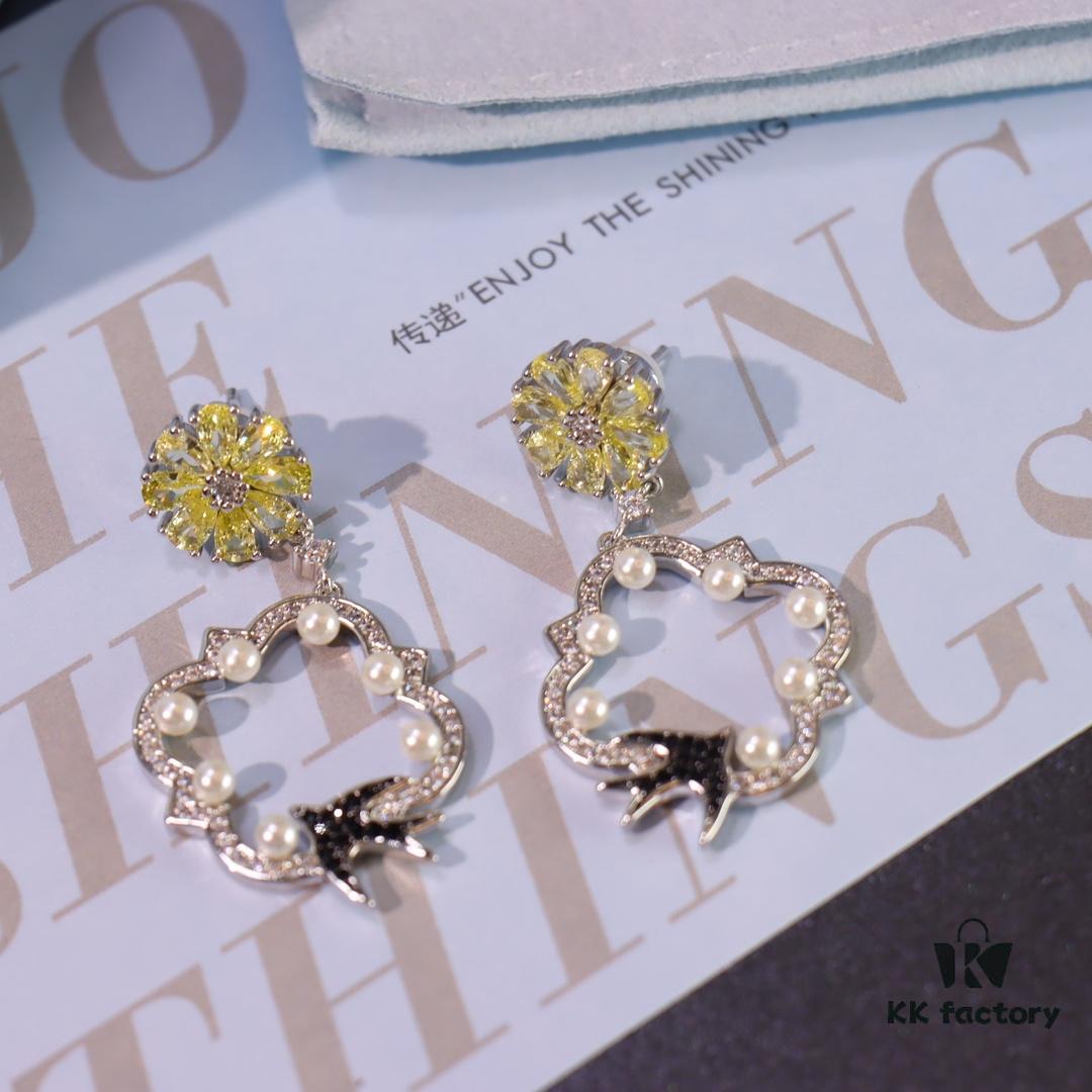 Hexagon New Arrival Garden Series Flower Basket Swallow Earrings, Honey Iris Studs