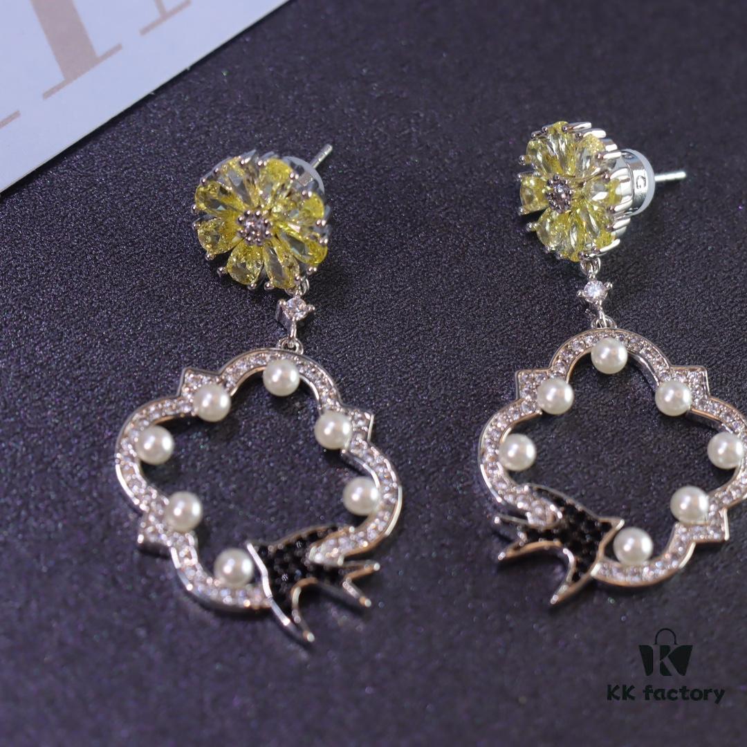 Hexagon New Arrival Garden Series Flower Basket Swallow Earrings, Honey Iris Studs