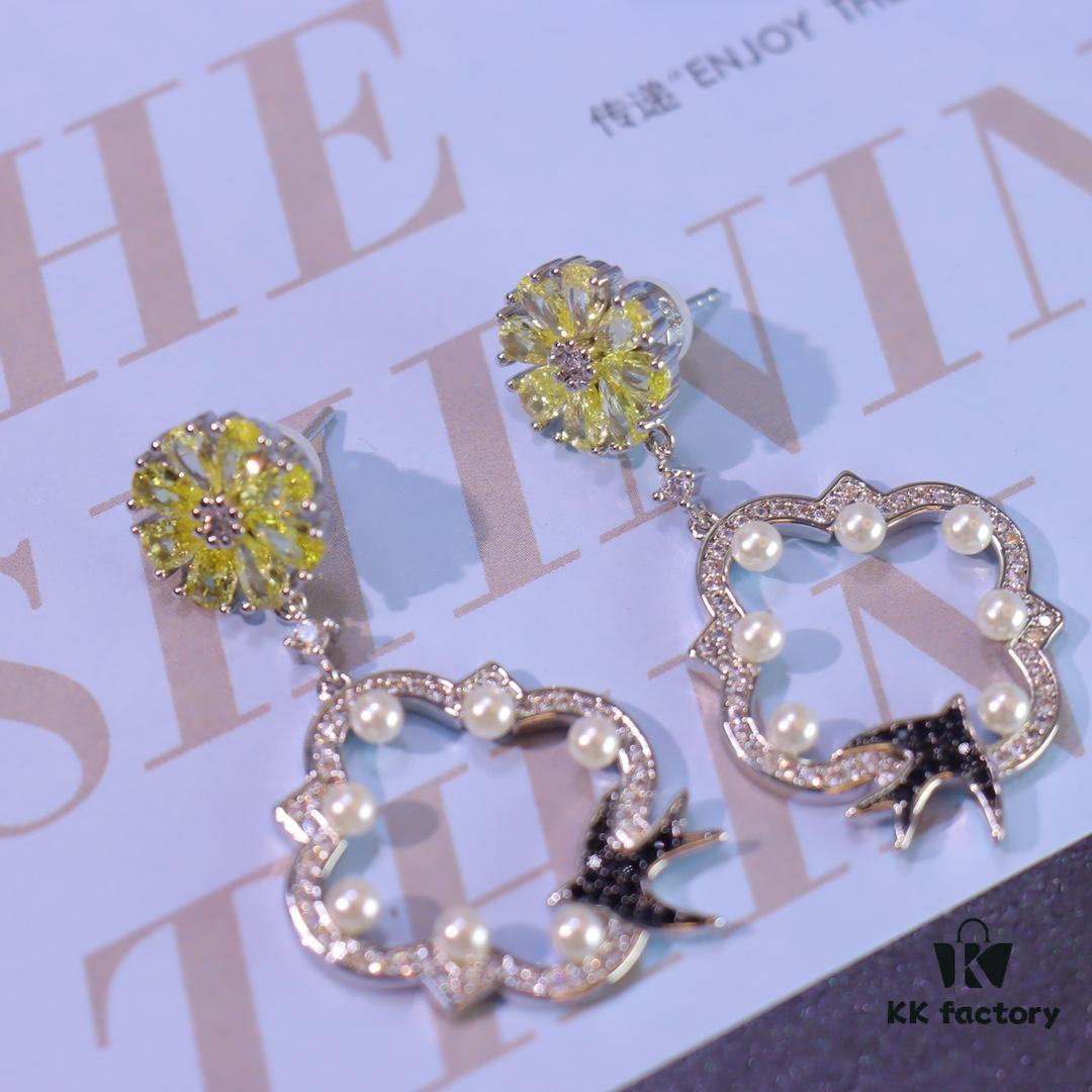 Hexagon New Arrival Garden Series Flower Basket Swallow Earrings, Honey Iris Studs