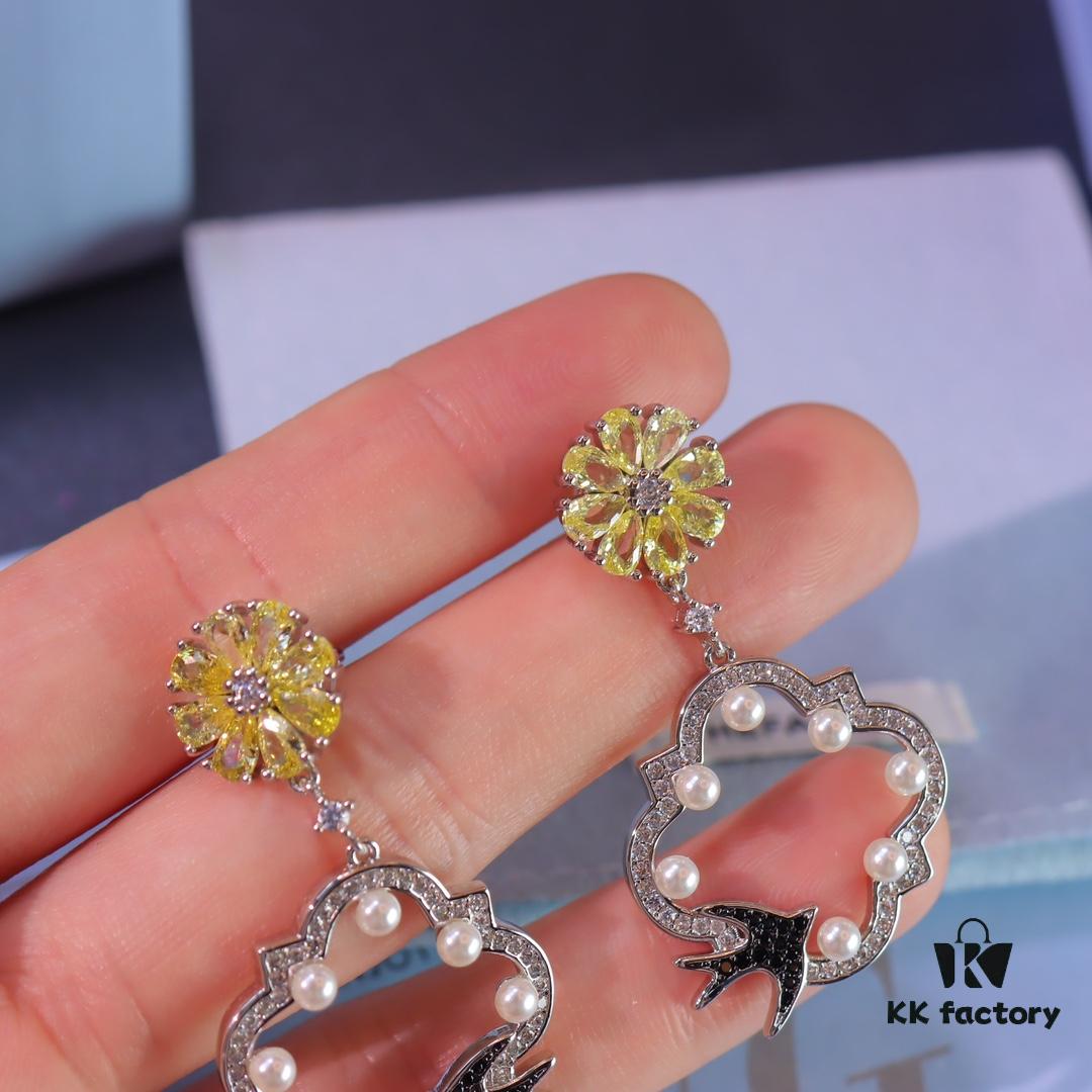 Hexagon New Arrival Garden Series Flower Basket Swallow Earrings, Honey Iris Studs