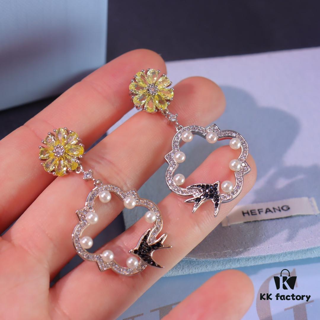 Hexagon New Arrival Garden Series Flower Basket Swallow Earrings, Honey Iris Studs