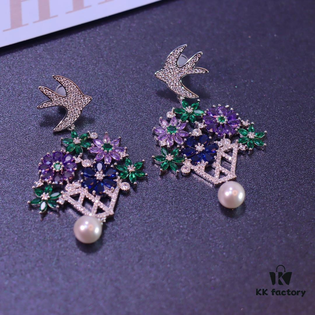 Hexagon New Arrival Garden Series Flower Basket Swallow Earrings, Honey Iris Studs