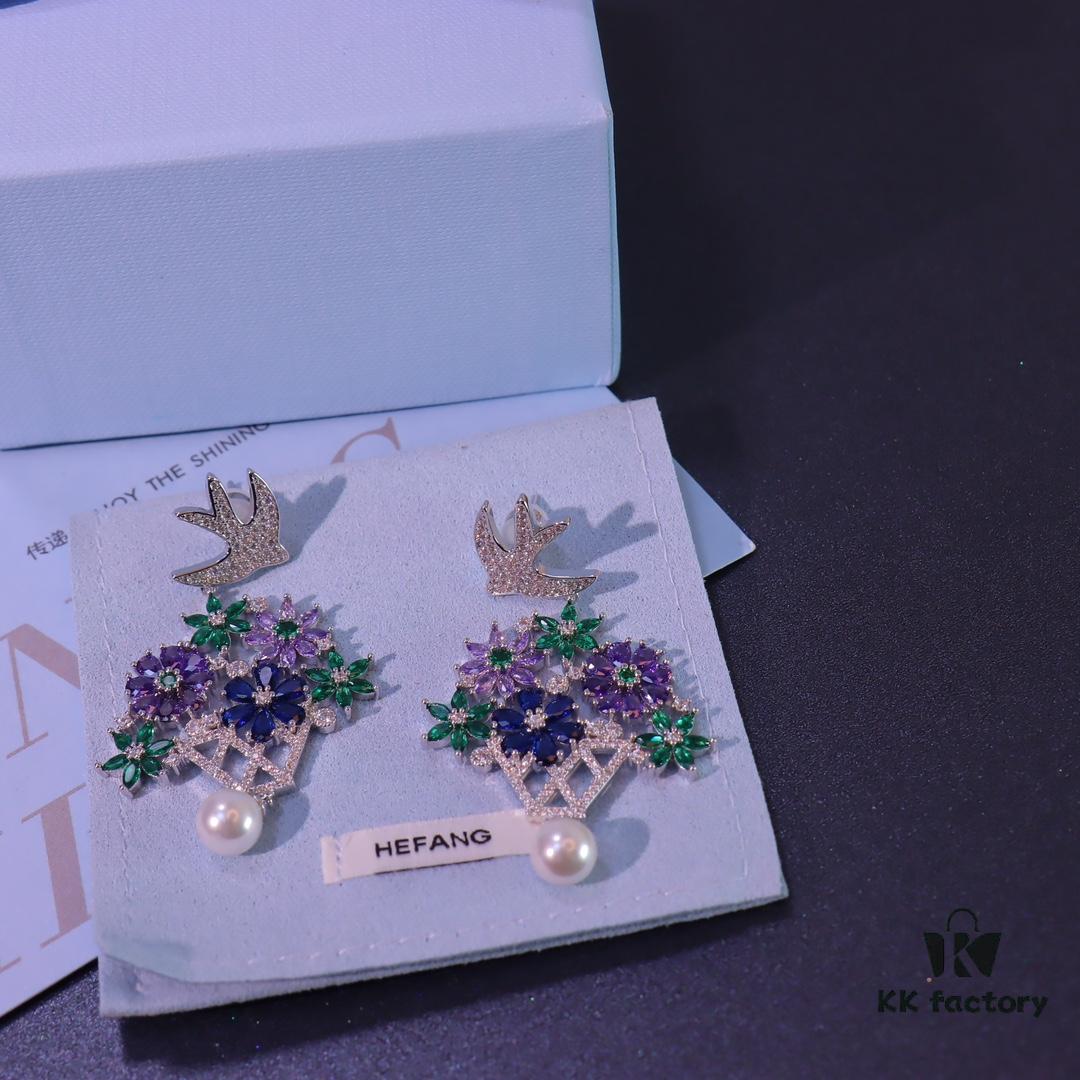 Hexagon New Arrival Garden Series Flower Basket Swallow Earrings, Honey Iris Studs