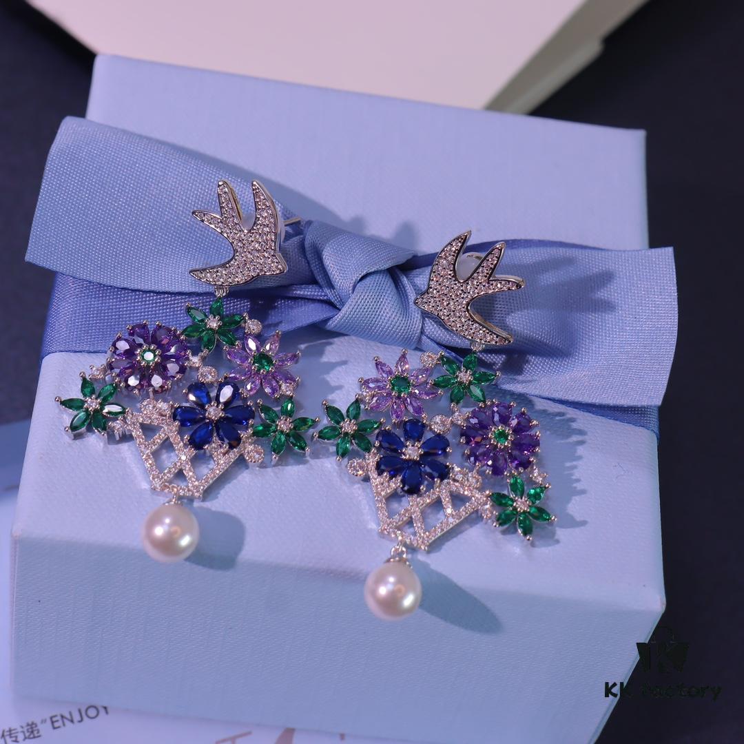 Hexagon New Arrival Garden Series Flower Basket Swallow Earrings, Honey Iris Studs