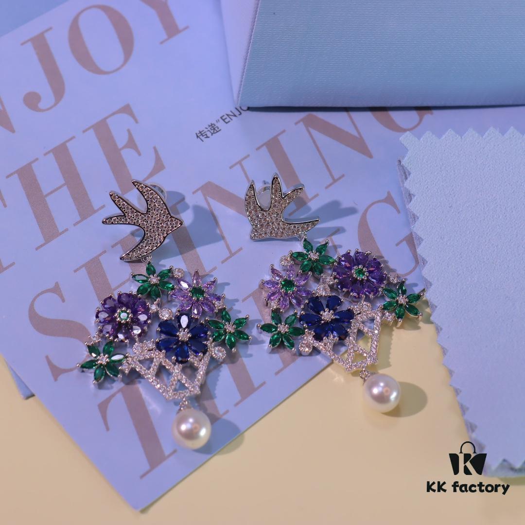 Hexagon New Arrival Garden Series Flower Basket Swallow Earrings, Honey Iris Studs