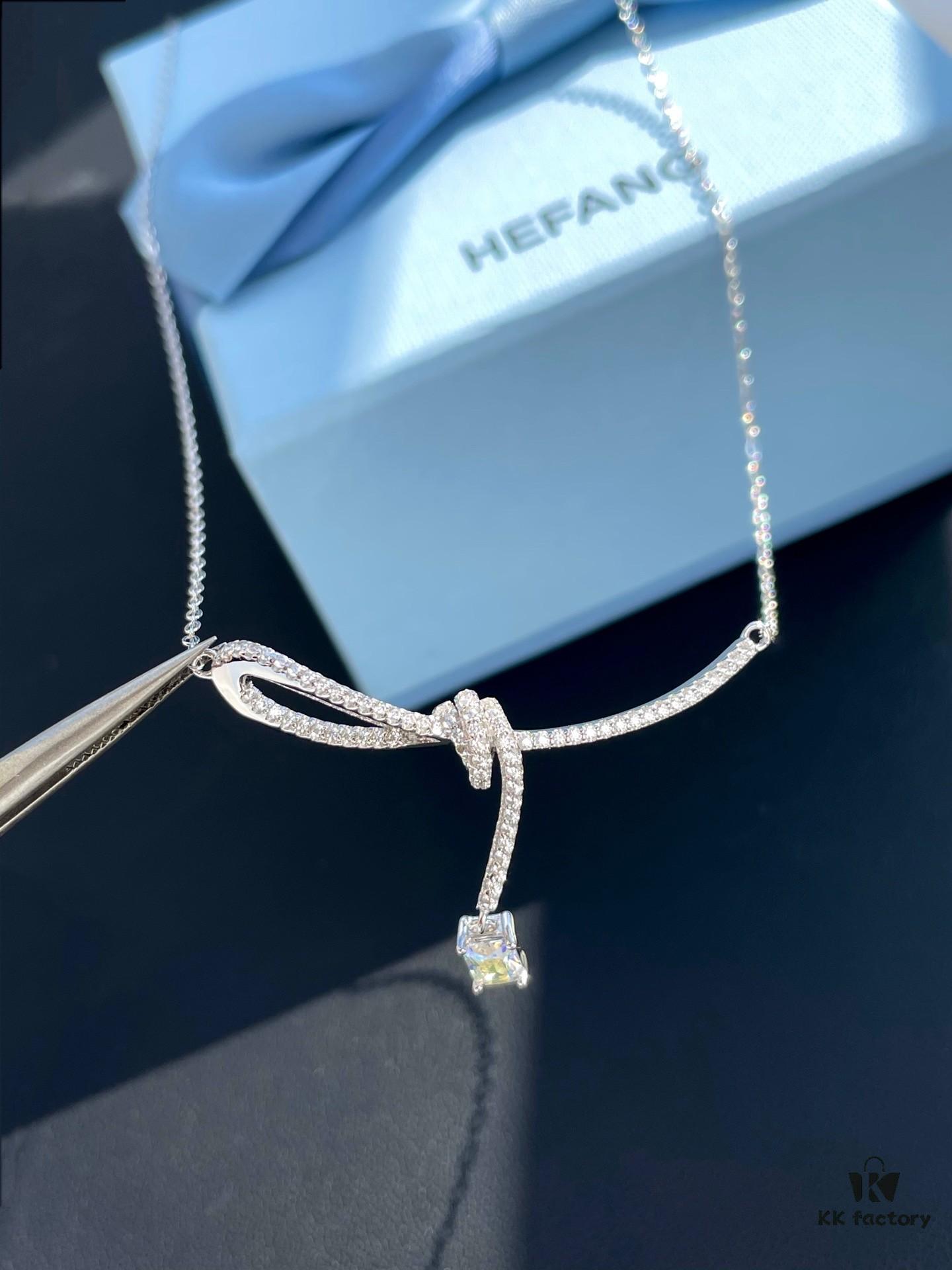 He Fang Aurora Ribbon Knot Collarbone Necklace, Exquisitely Crafted from S925 Silver with Shimmering Diamond Accents and Colorful Iridescent Cube Pendant
