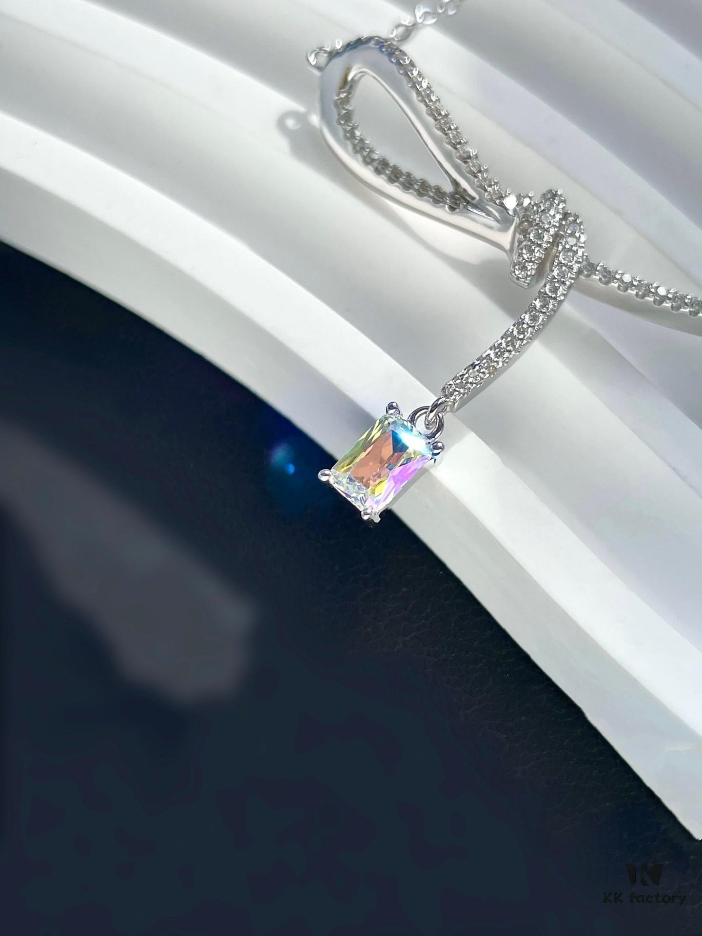 He Fang Aurora Ribbon Knot Collarbone Necklace, Exquisitely Crafted from S925 Silver with Shimmering Diamond Accents and Colorful Iridescent Cube Pendant