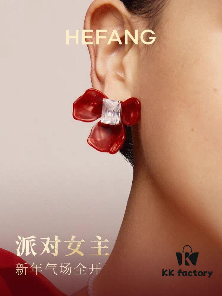New HEFANG Red Iris Sugar Cube Earrings