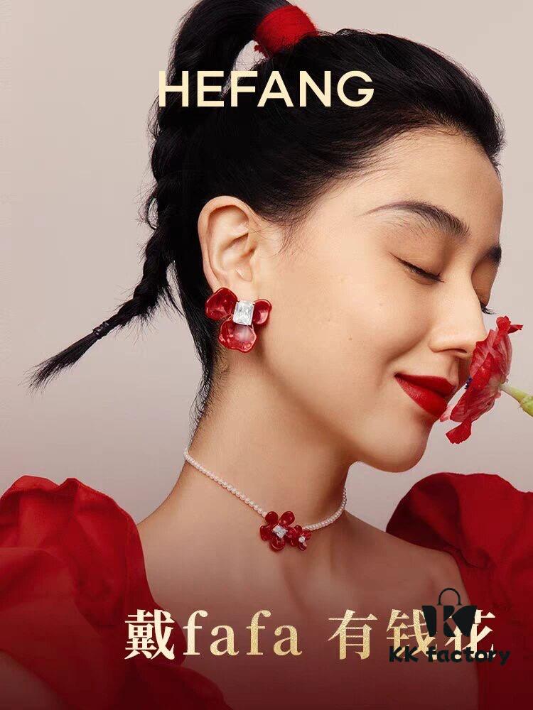 New HEFANG Red Iris Sugar Cube Earrings