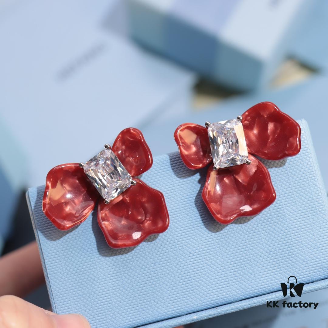 New Arrival HEFANG Red Iris Sugar Cube Earrings 925 Silver Detachable DIY New Year Earrings Christmas Gift