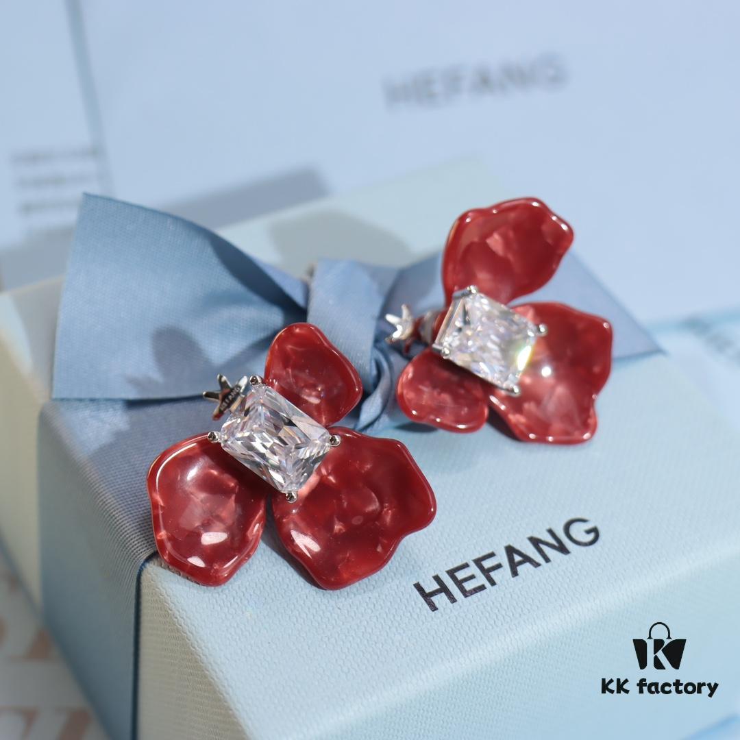 New Arrival HEFANG Red Iris Sugar Cube Earrings 925 Silver Detachable DIY New Year Earrings Christmas Gift