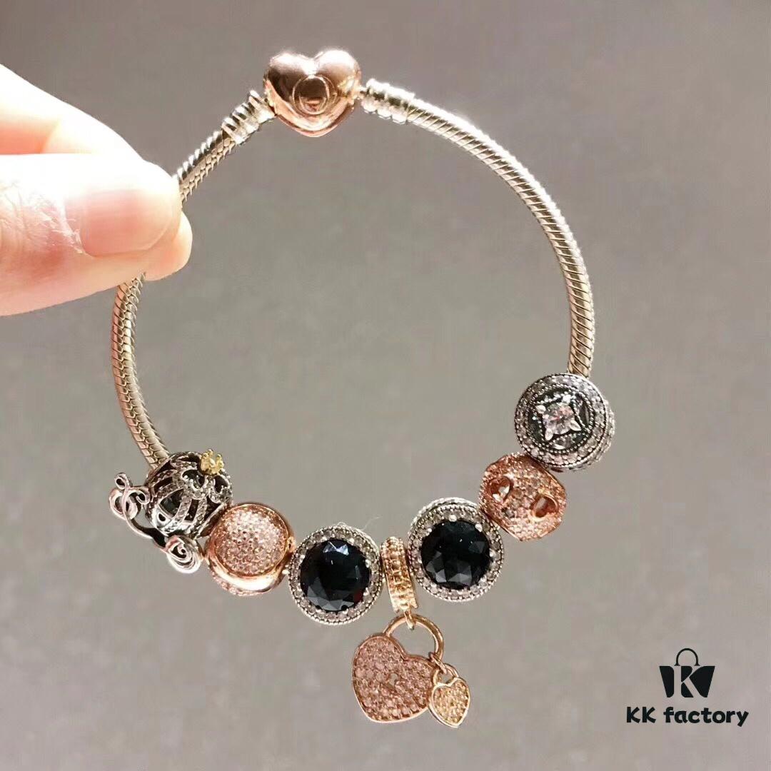 Pandora Cool Black Rose Double Heart Dual Charm Bracelet - Premium Replica with Authentic Materials