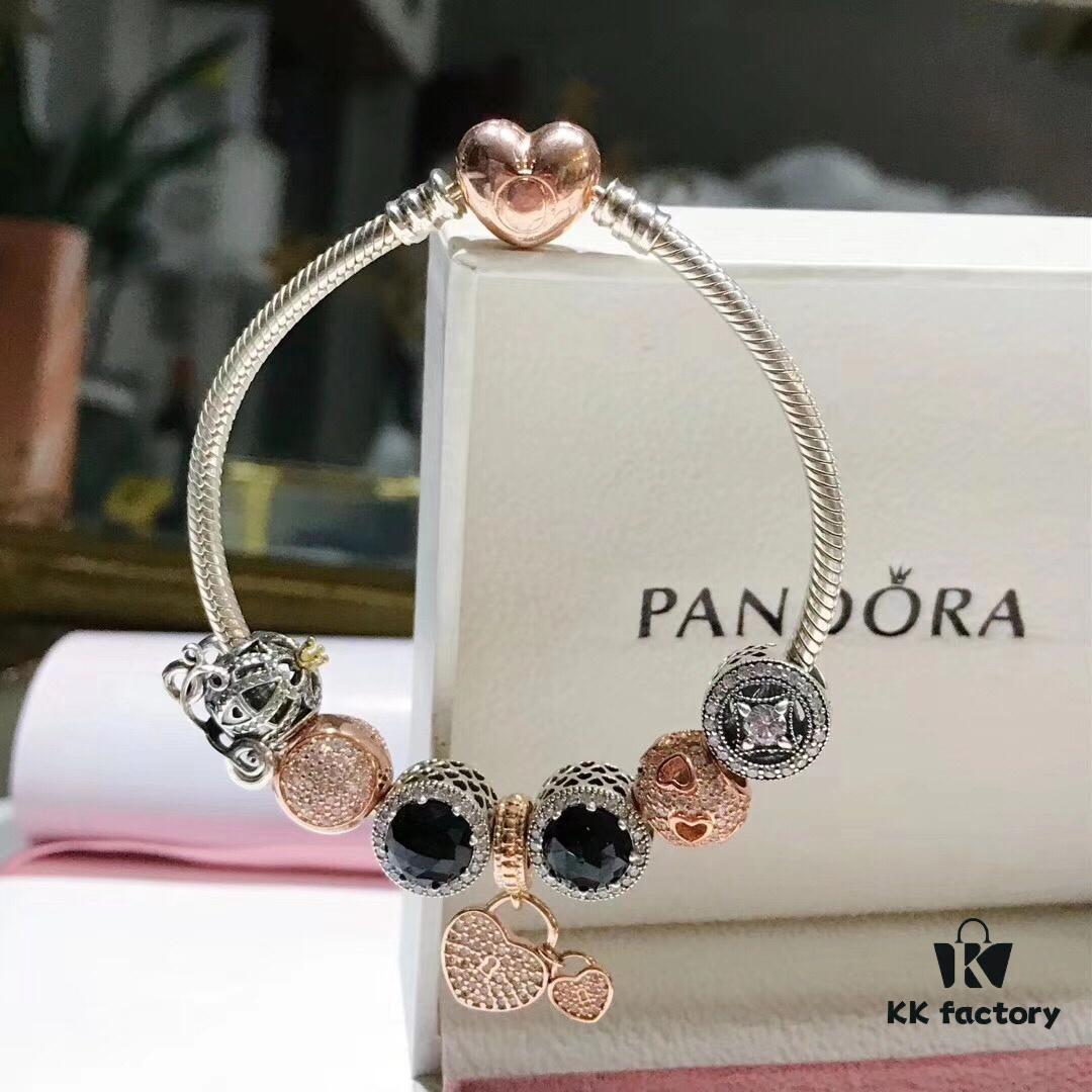 Pandora Cool Black Rose Double Heart Dual Charm Bracelet - Premium Replica with Authentic Materials