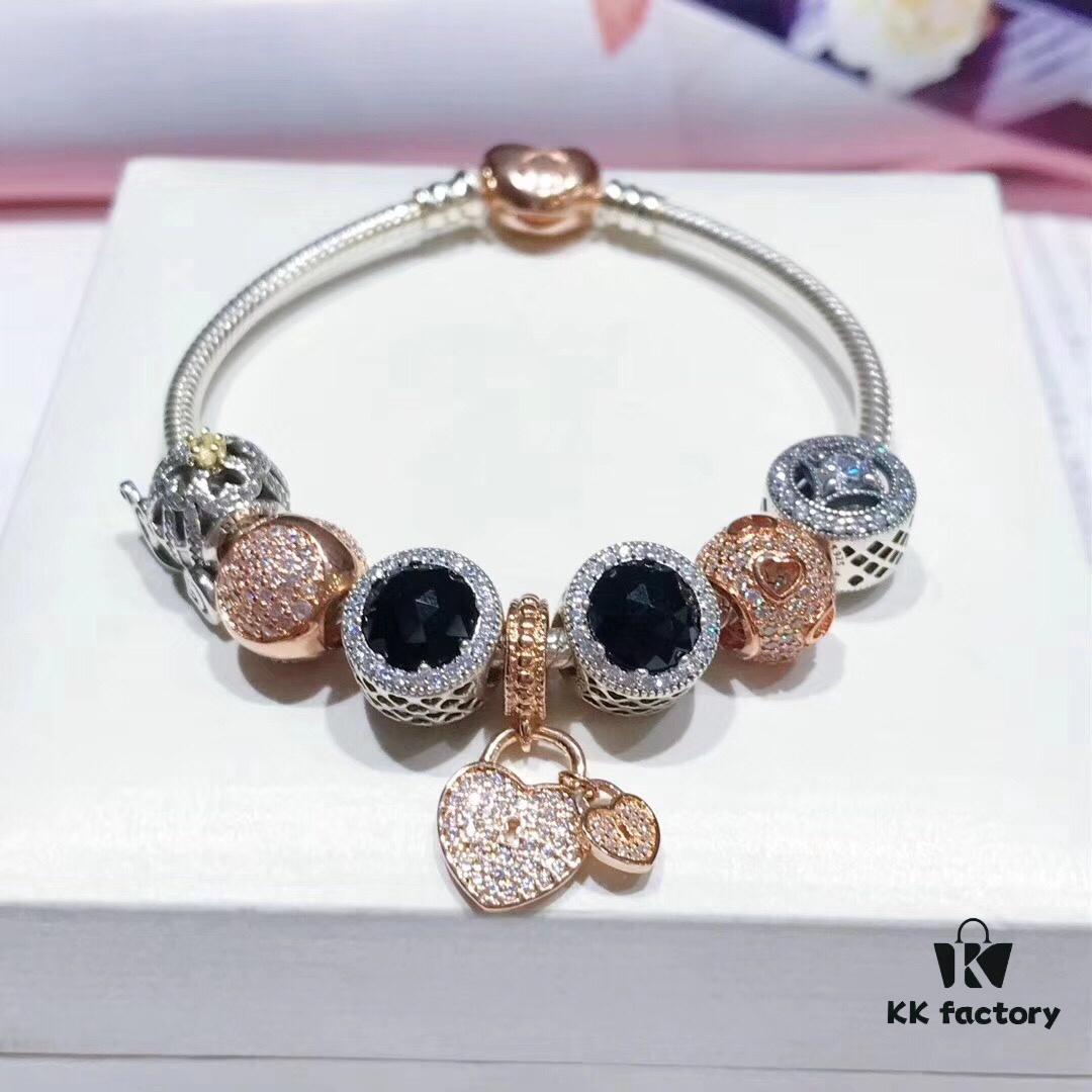 Pandora Cool Black Rose Double Heart Dual Charm Bracelet - Premium Replica with Authentic Materials