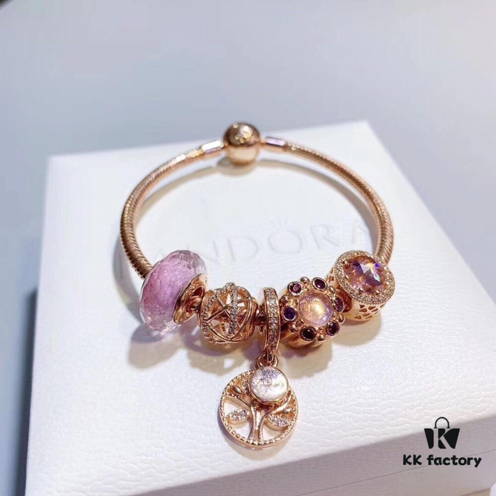 Pandora Rose Olive Tree New Arrival, Rose Gold-Tone Bead with Pink Faceted Glass, Sparkling Pink Cat's Eye, Openwork Galaxy and Olive Tree Pendant, S925 Sterling Silver with Official Retail Packaging