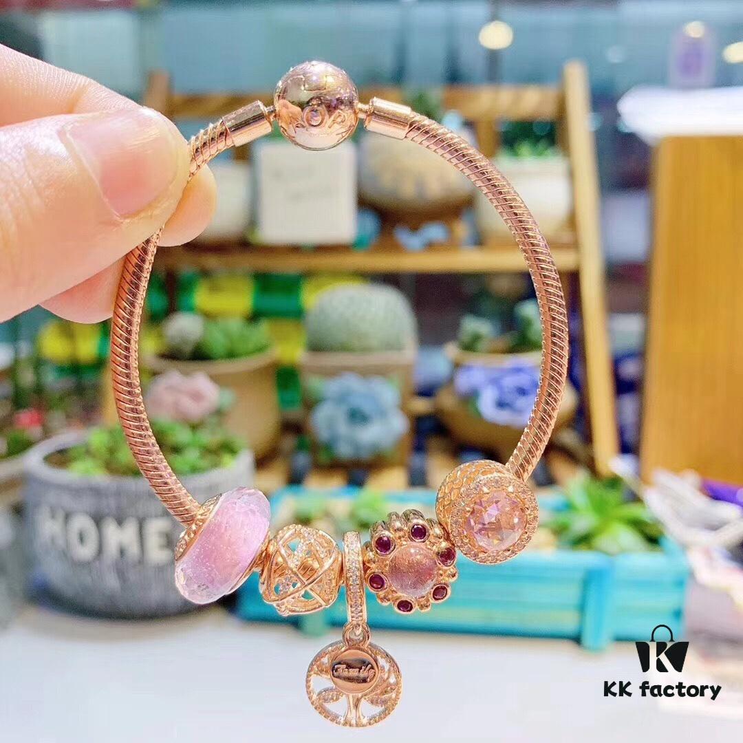 Pandora Rose Olive Tree New Arrival, Rose Gold-Tone Bead with Pink Faceted Glass, Sparkling Pink Cat's Eye, Openwork Galaxy and Olive Tree Pendant, S925 Sterling Silver with Official Retail Packaging