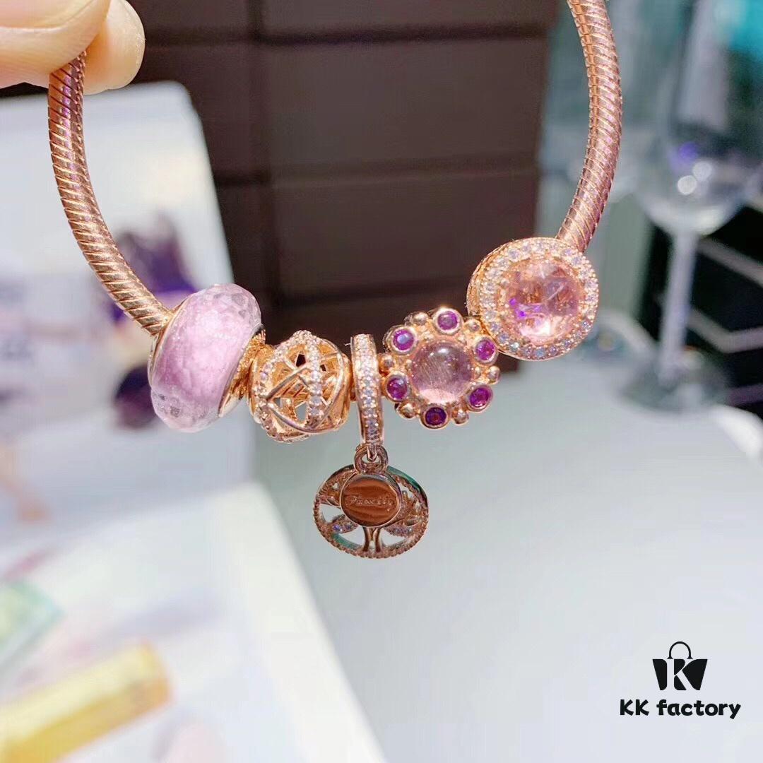 Pandora Rose Olive Tree New Arrival, Rose Gold-Tone Bead with Pink Faceted Glass, Sparkling Pink Cat's Eye, Openwork Galaxy and Olive Tree Pendant, S925 Sterling Silver with Official Retail Packaging