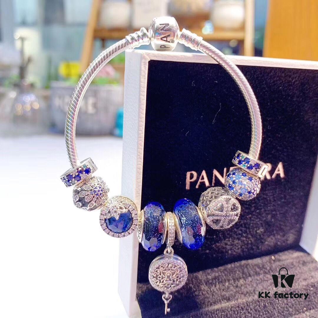 Pandora Pandora Brilliant Blue Key of Love 🔑 New Arrival, Brilliant Faceted Glass, Sparkling Dark Blue Snowflake Cat's Eye, Dark Blue Rhinestone Bead, Sparkling Blue Snowflake Bead, Rhinestone Openwork Clover, Fully Diamondbonded Blue Charm Clip, Noble Key of Love 🔑 Pendant, S925 Silver with Official Store Packaging!