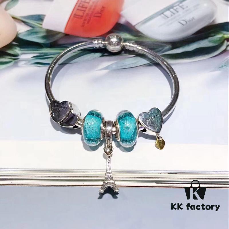 Pandora Elegant Mint Green Eiffel Tower New Arrival! Night Glow Mint Glass Bead, Heart-to-Heart Charm, Eiffel Tower Pendant with S925 Silver