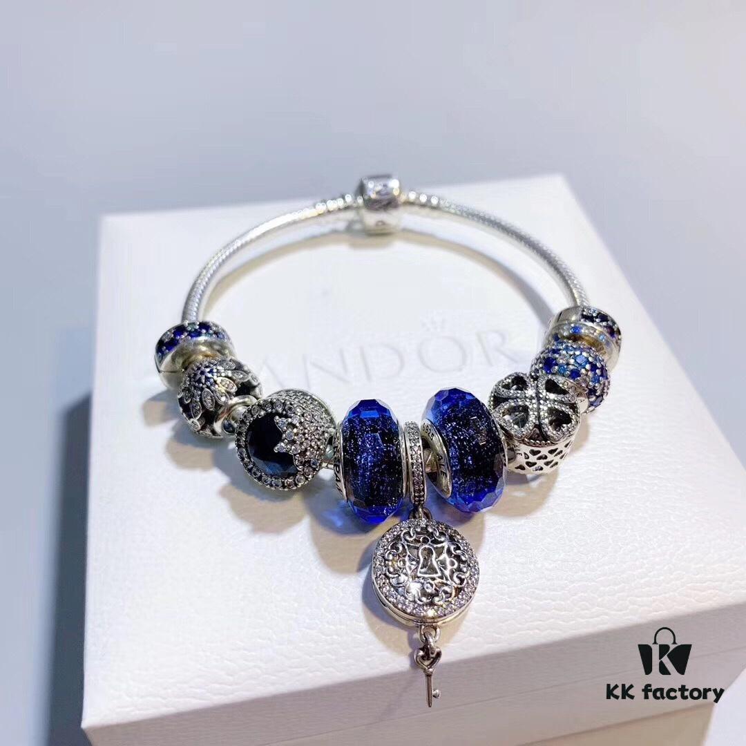 Pandora Pandora Brilliant Blue Key of Love 🔑 New Arrival, Brilliant Faceted Glass, Sparkling Dark Blue Snowflake Cat's Eye, Dark Blue Rhinestone Bead, Sparkling Blue Snowflake Bead, Rhinestone Openwork Clover, Fully Diamondbonded Blue Charm Clip, Noble Key of Love 🔑 Pendant, S925 Silver with Official Store Packaging!