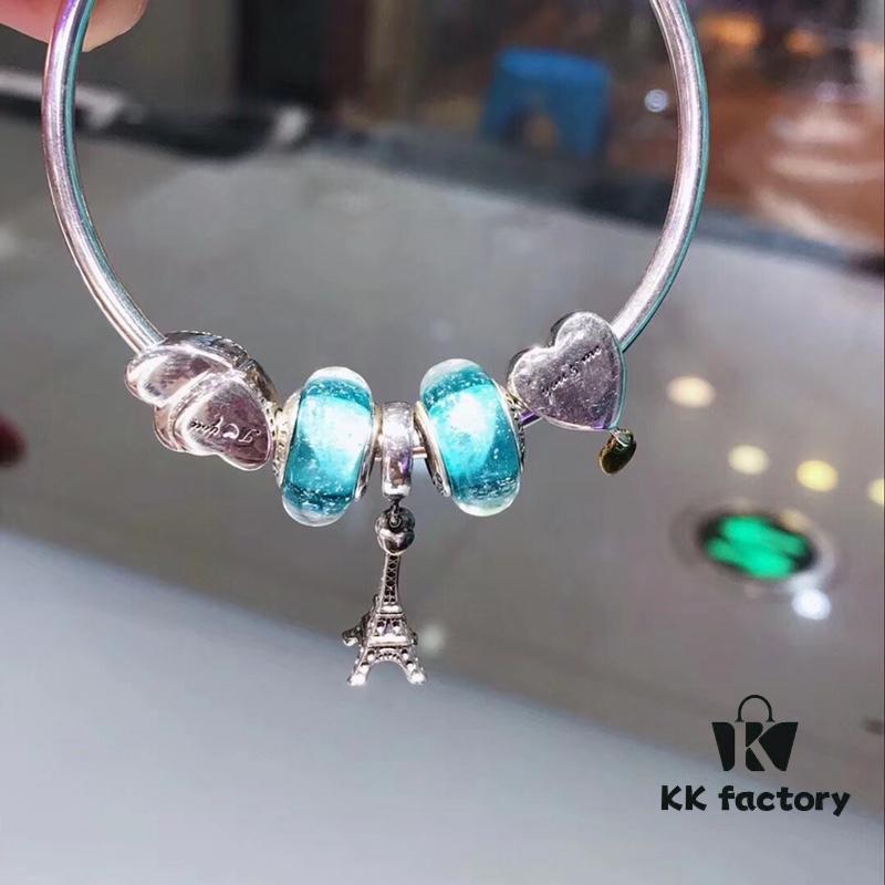 Pandora Elegant Mint Green Eiffel Tower New Arrival! Night Glow Mint Glass Bead, Heart-to-Heart Charm, Eiffel Tower Pendant with S925 Silver