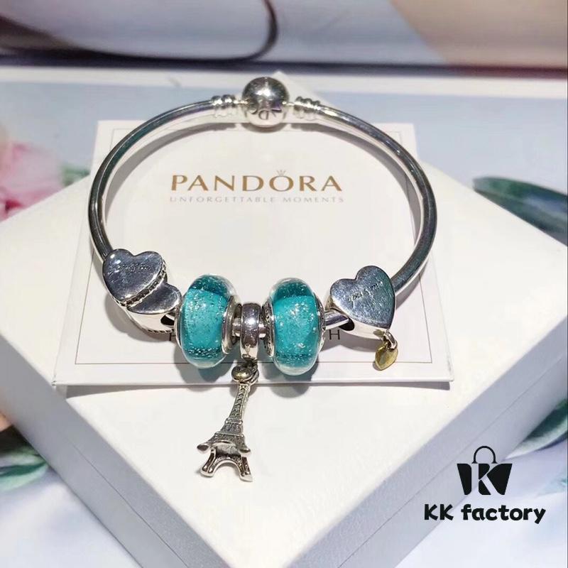 Pandora Elegant Mint Green Eiffel Tower New Arrival! Night Glow Mint Glass Bead, Heart-to-Heart Charm, Eiffel Tower Pendant with S925 Silver