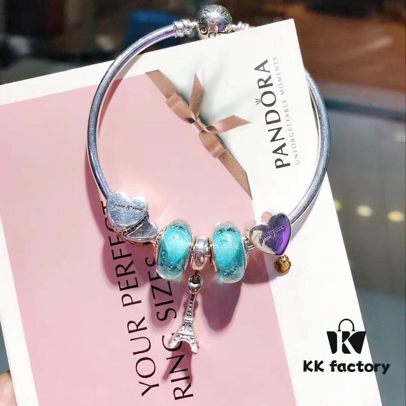 Pandora Elegant Mint Green Eiffel Tower New Arrival! Night Glow Mint Glass Bead, Heart-to-Heart Charm, Eiffel Tower Pendant with S925 Silver