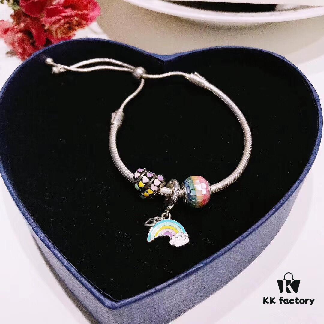 Pandora Rainbow Colorful New Arrival Hollow Gradual Heart Charm, S925 Silver Iridescent Bead with Boutique Packaging