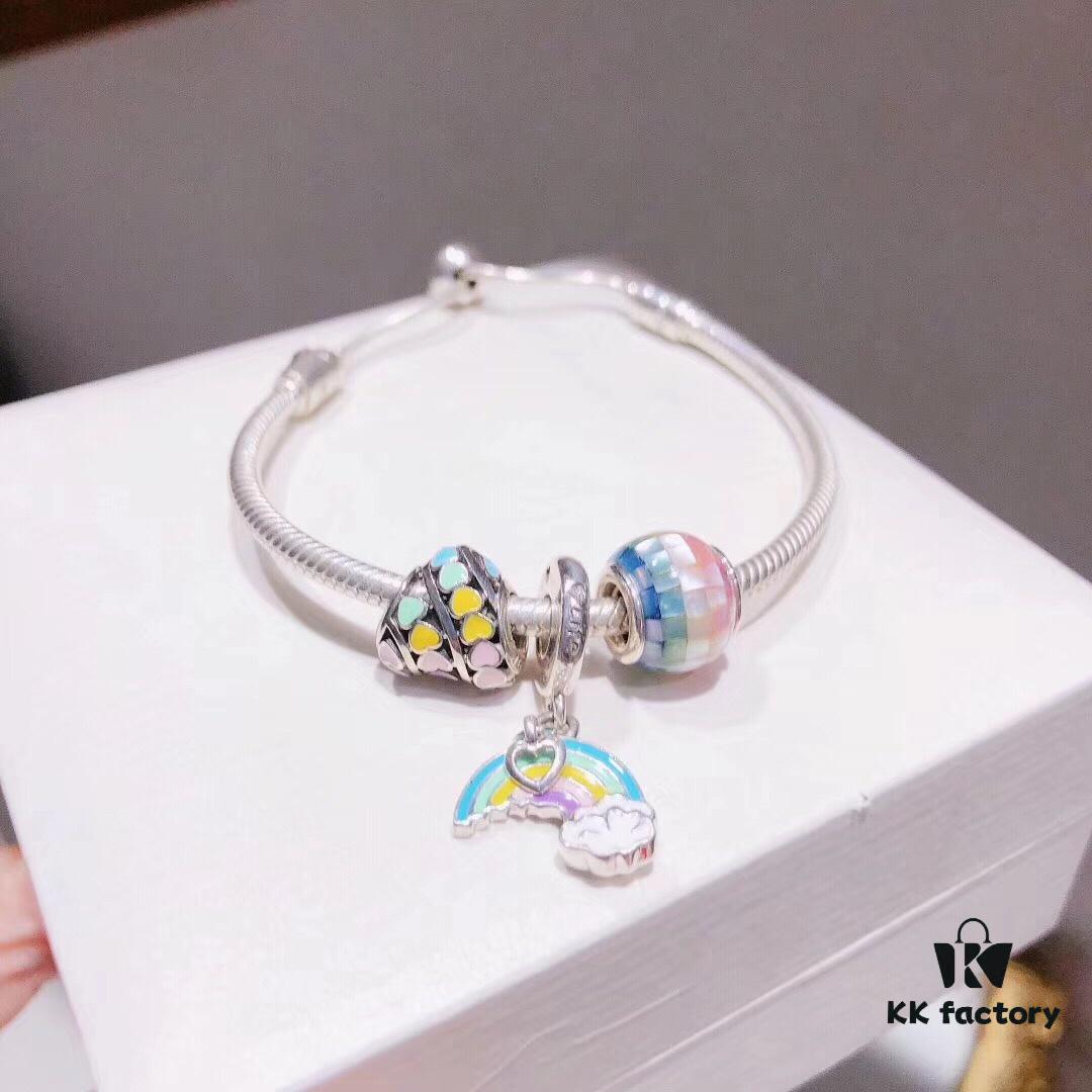 Pandora Rainbow Colorful New Arrival Hollow Gradual Heart Charm, S925 Silver Iridescent Bead with Boutique Packaging