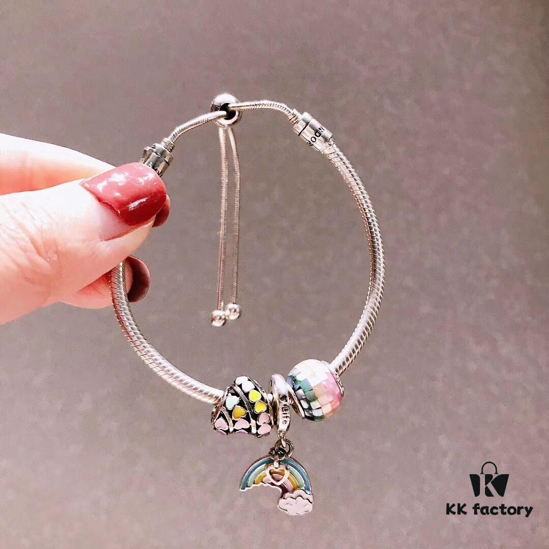 Pandora Rainbow Colorful New Arrival Hollow Gradual Heart Charm, S925 Silver Iridescent Bead with Boutique Packaging