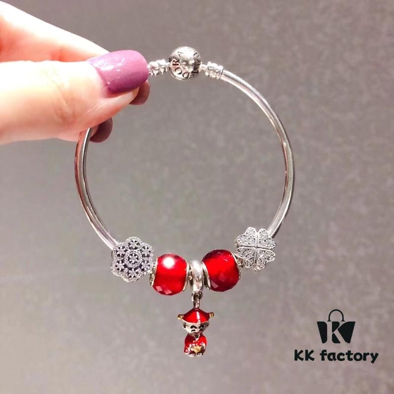 Pandora Red God of Wealth New Arrival! Red Faceted Glass with Snowflake Bead and Four-Leaf Clover Clasp, S925 Silver