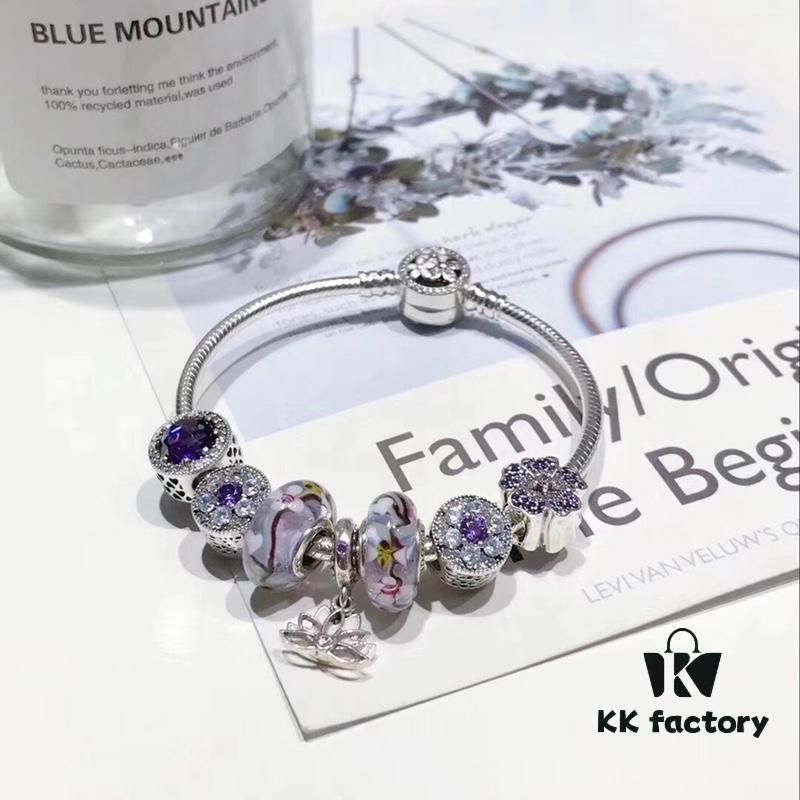 Pandora Cherry Blossom 🌸 Violet Lotus New Arrival! Crafted with authentic boutique materials, perfectly replicating the original design, quality comparable to official retail. Featuring cherry blossom purple glass beads, sparkling amethyst zirconia beads, pink-to-purple gradient flowers 🌺, double-layer lotus pendant, made in S925 silver and comes with official packaging!